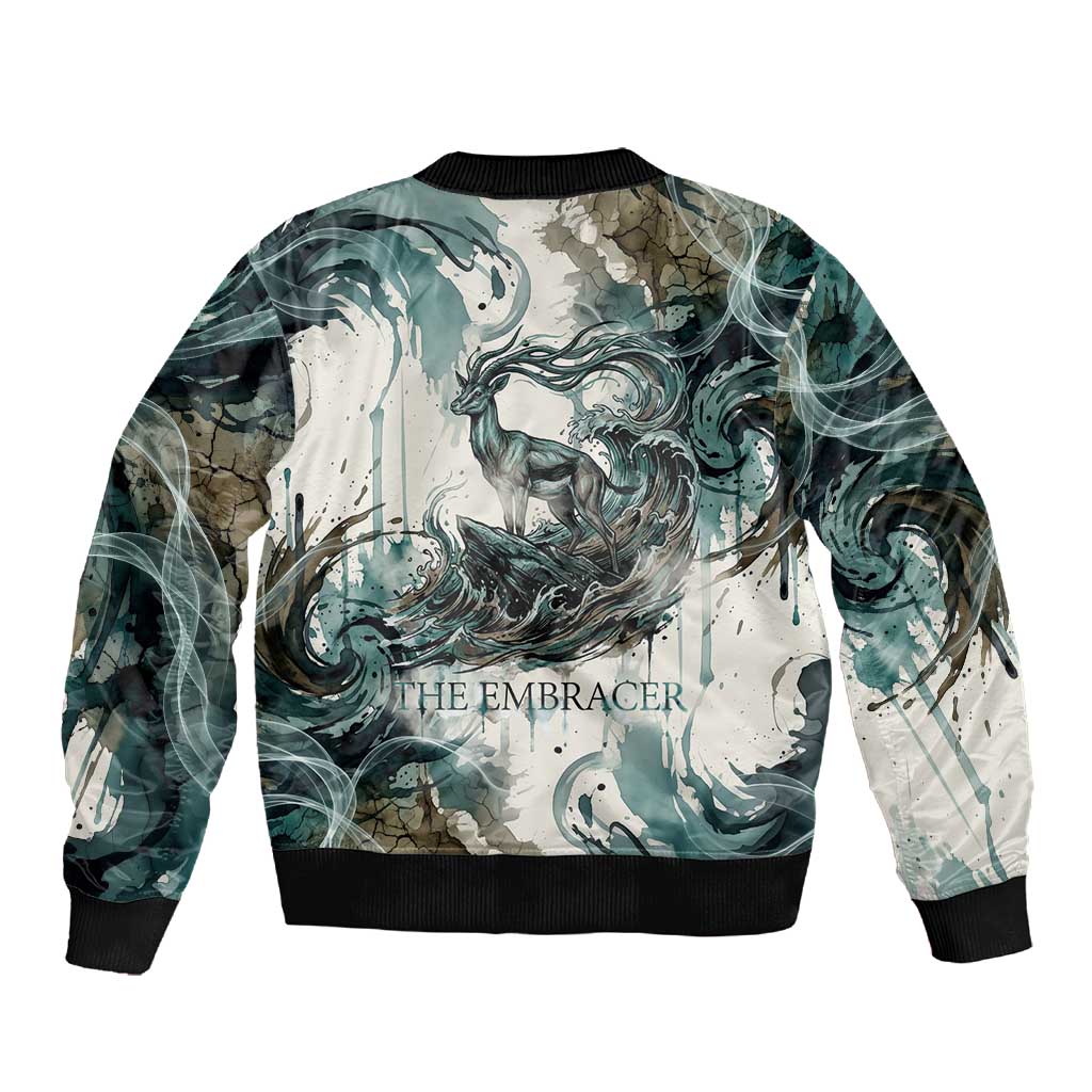 Anuket Egyptian Sleeve Zip Bomber Jacket Goddess of the Nile Flowing Water Gazelle Spirit The Embracer