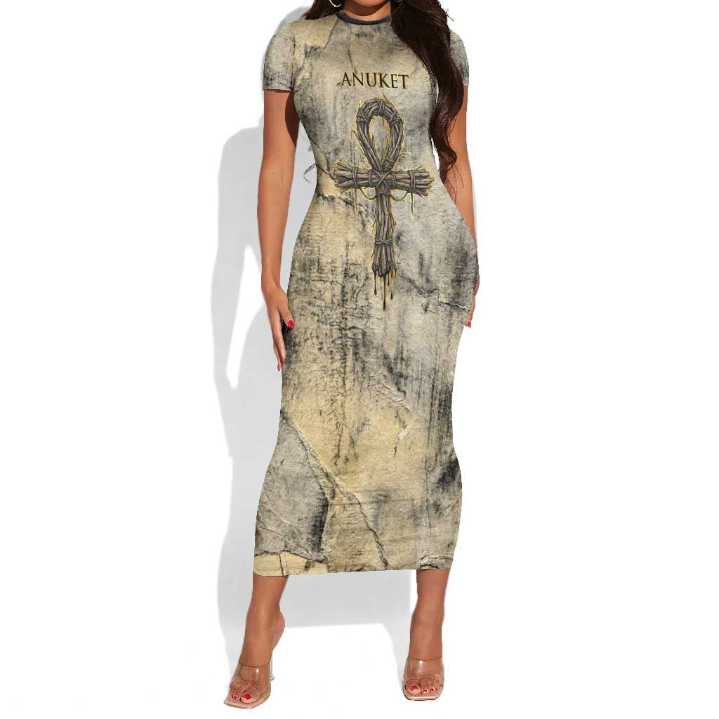 Anuket Short Sleeve Bodycon Dress Egyptian Queen of the Cataracts Ankh Symbol