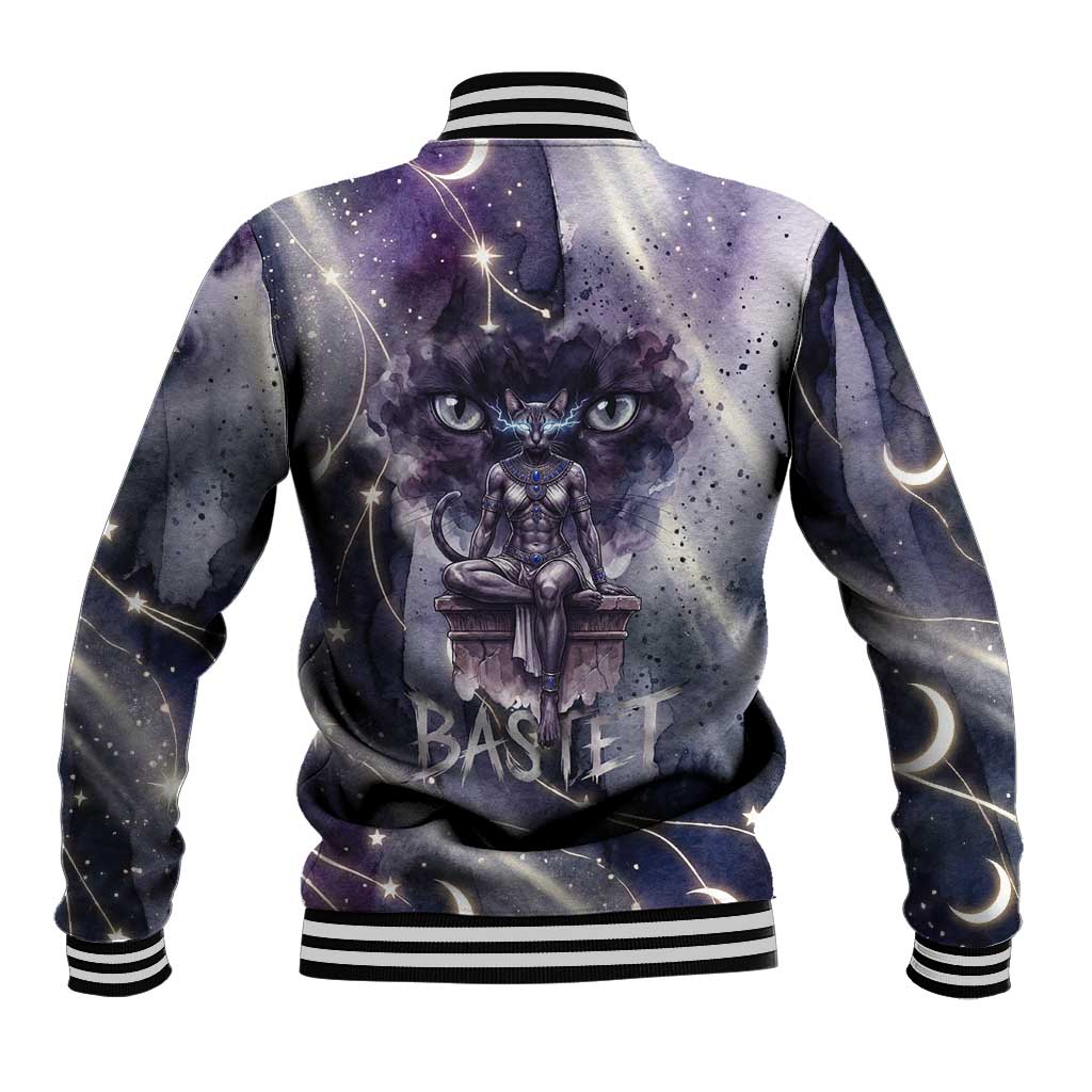 Bastet Egyptian Baseball Jacket Cat Goddess Cosmic Protector Moon Magic Night Sky
