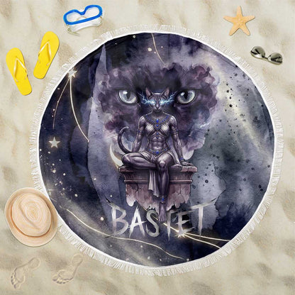 Bastet Egyptian Beach Blanket Cat Goddess Cosmic Protector Moon Magic Night Sky