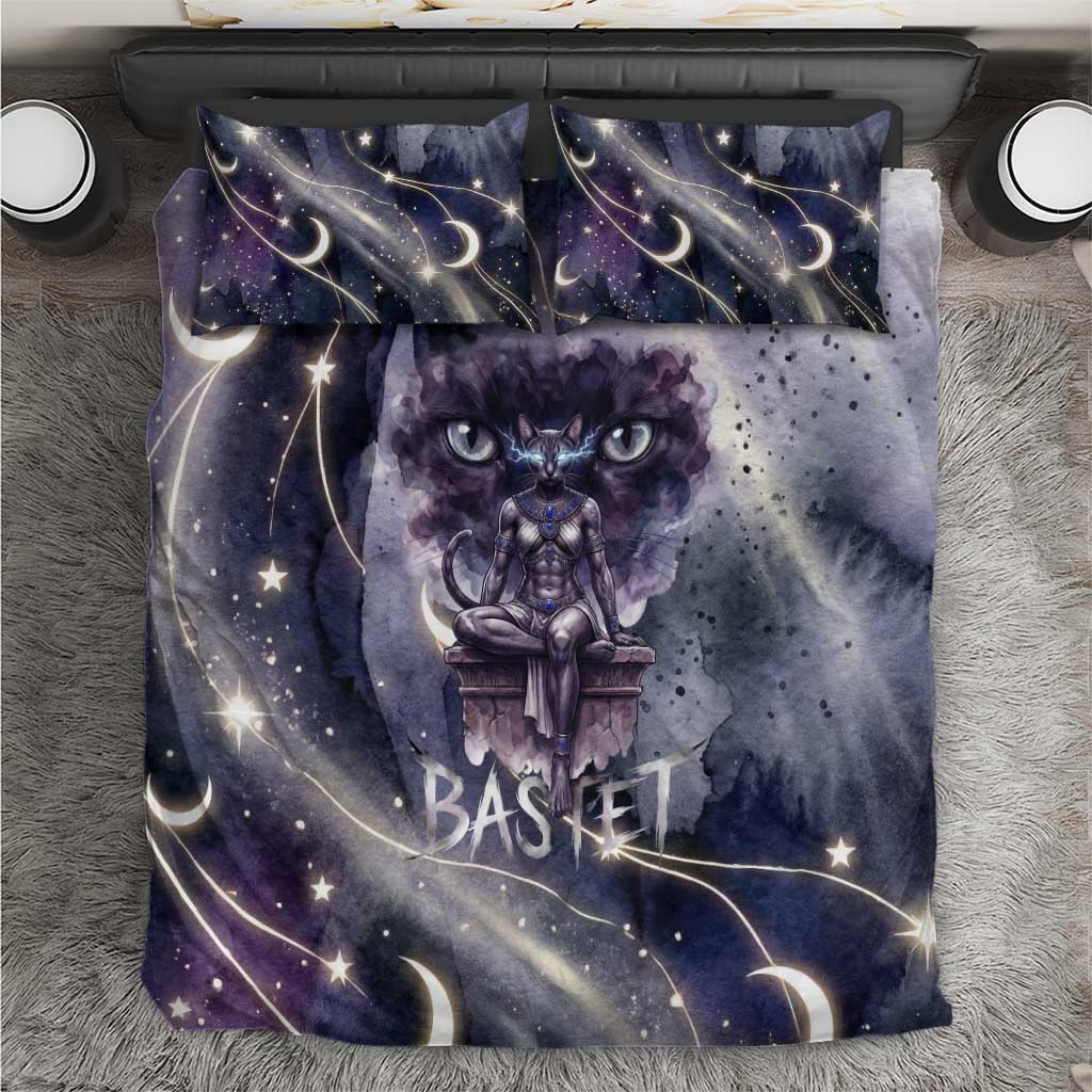 Bastet Egyptian Bedding Set Cat Goddess Cosmic Protector Moon Magic Night Sky