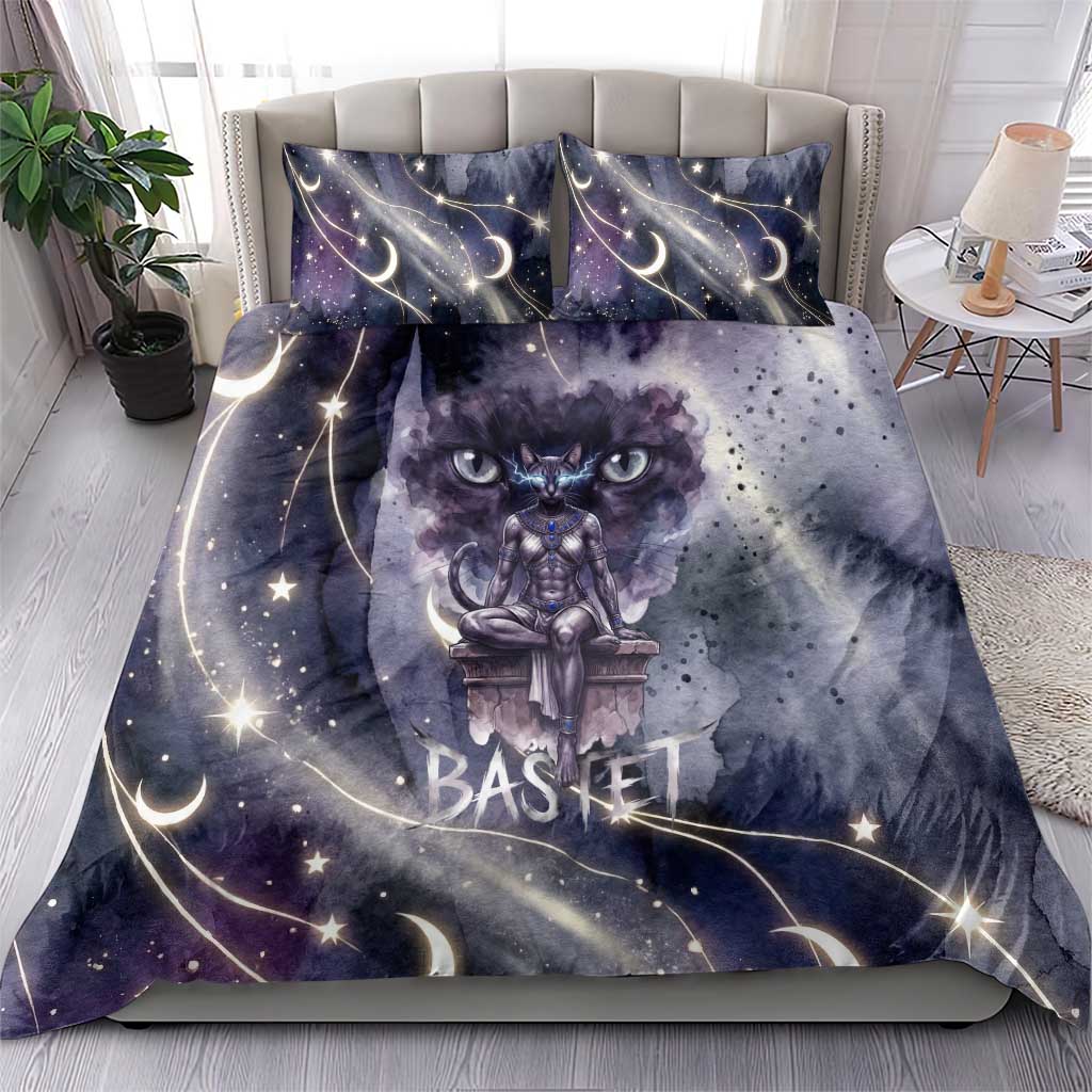 Bastet Egyptian Bedding Set Cat Goddess Cosmic Protector Moon Magic Night Sky