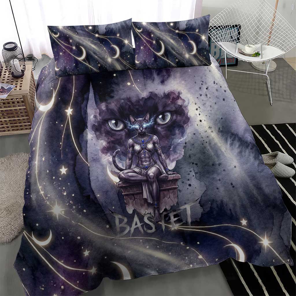 Bastet Egyptian Bedding Set Cat Goddess Cosmic Protector Moon Magic Night Sky