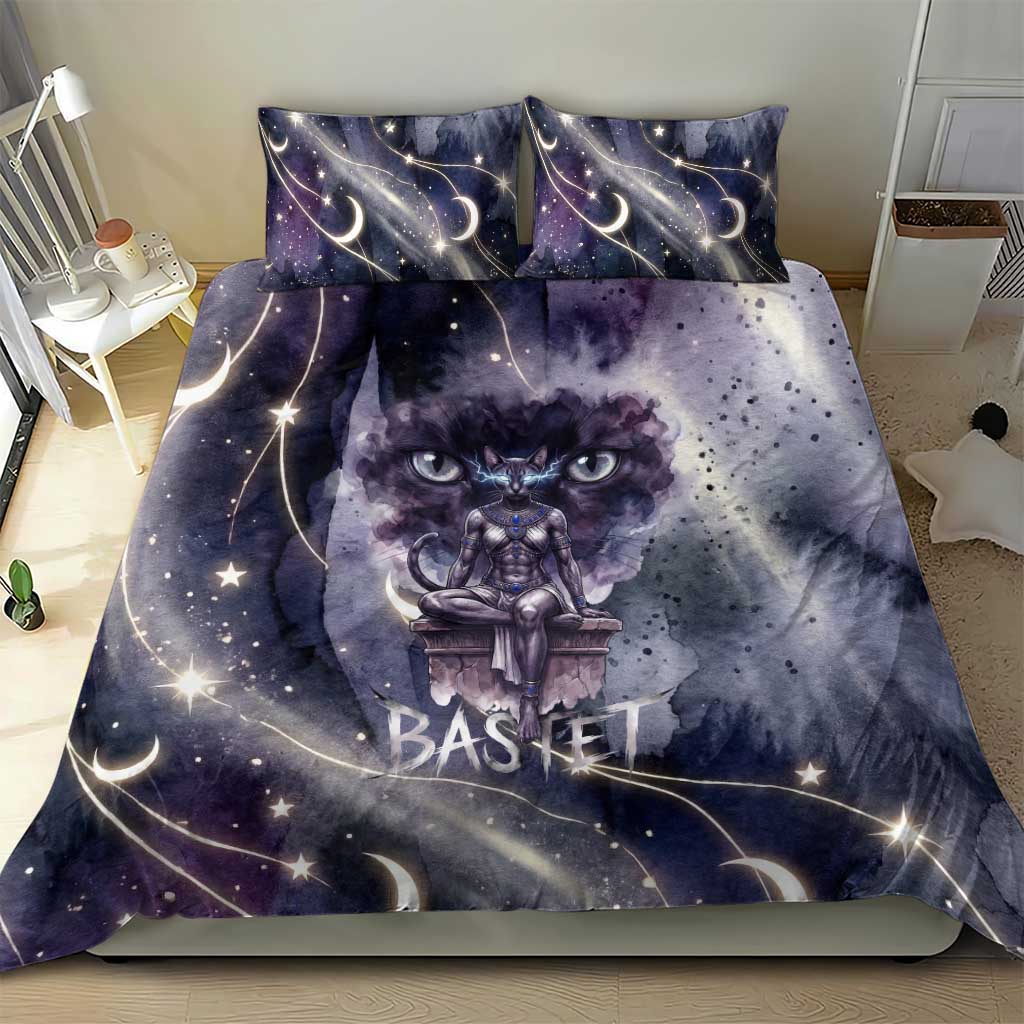Bastet Egyptian Bedding Set Cat Goddess Cosmic Protector Moon Magic Night Sky