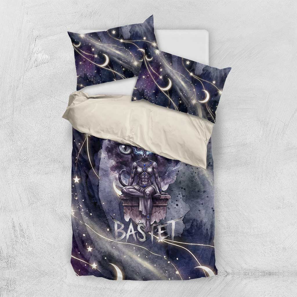 Bastet Egyptian Bedding Set Cat Goddess Cosmic Protector Moon Magic Night Sky