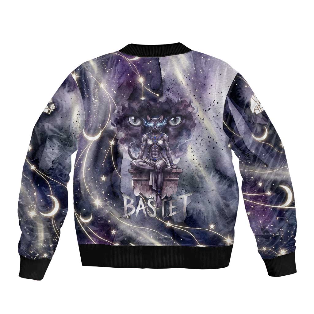 Bastet Egyptian Bomber Jacket Cat Goddess Cosmic Protector Moon Magic Night Sky