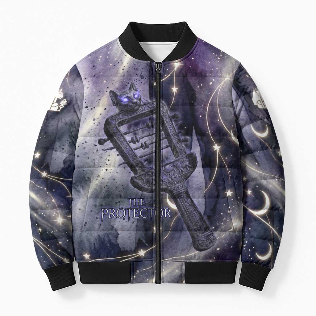 Bastet Egyptian Bomber Puffer Jacket Cat Goddess Cosmic Protector Moon Magic Night Sky