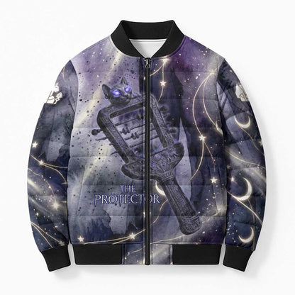 Bastet Egyptian Bomber Puffer Jacket Cat Goddess Cosmic Protector Moon Magic Night Sky