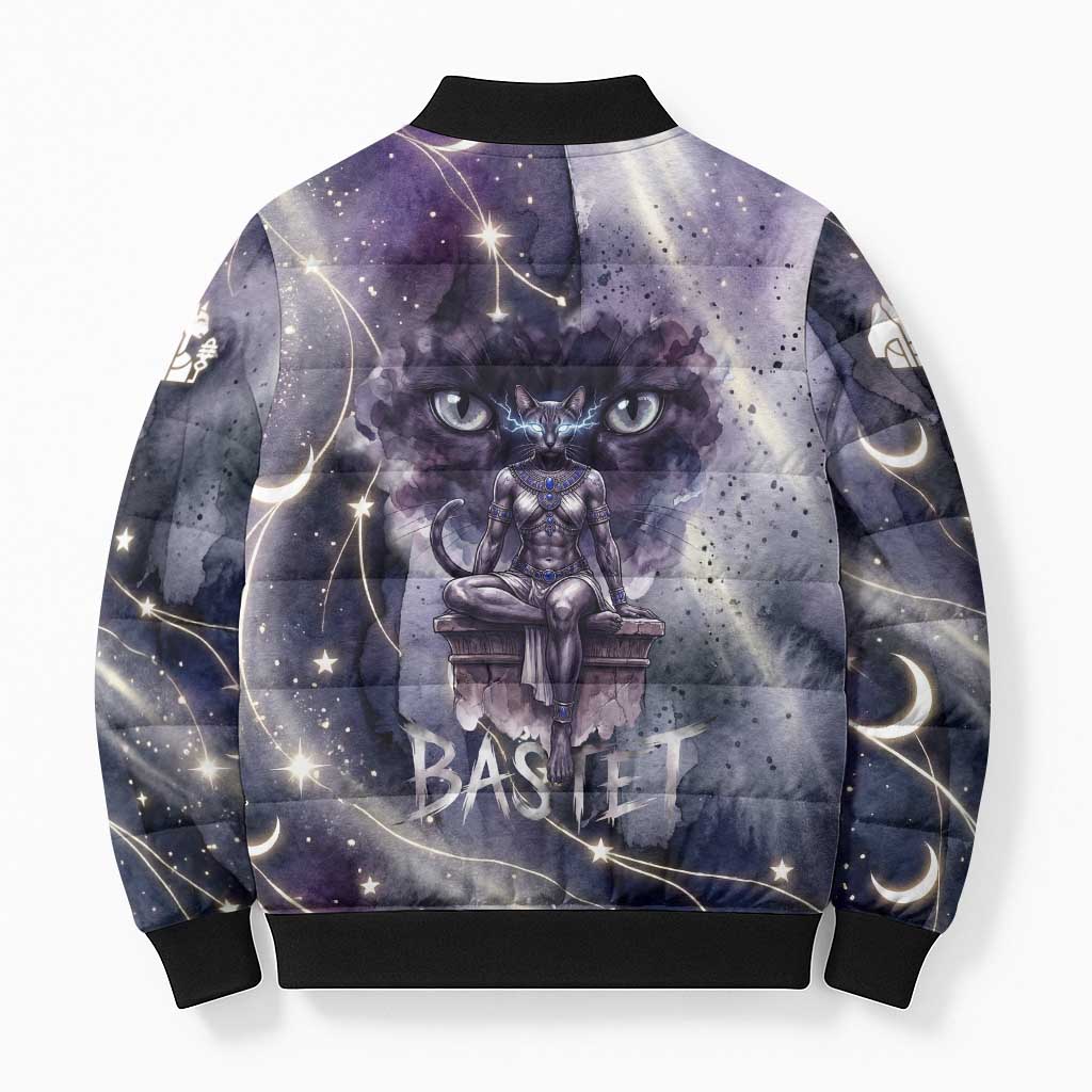 Bastet Egyptian Bomber Puffer Jacket Cat Goddess Cosmic Protector Moon Magic Night Sky