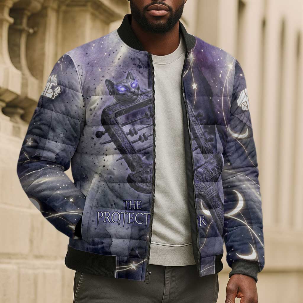 Bastet Egyptian Bomber Puffer Jacket Cat Goddess Cosmic Protector Moon Magic Night Sky