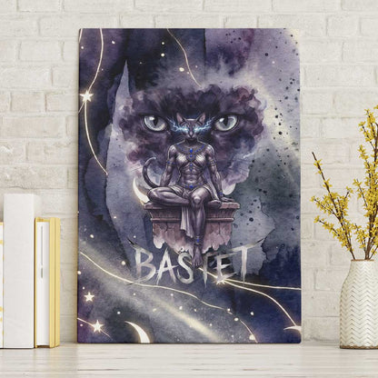 Bastet Egyptian Canvas Wall Art Cat Goddess Cosmic Protector Moon Magic Night Sky