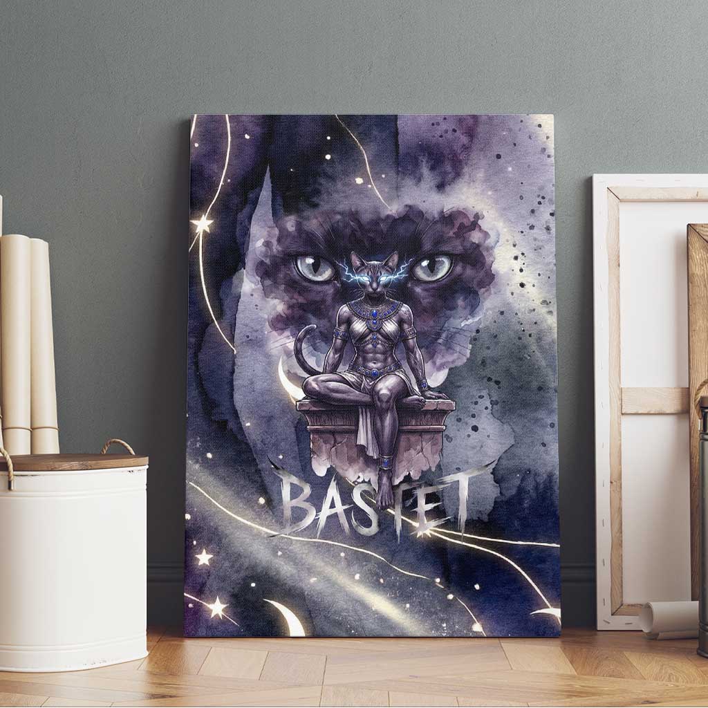 Bastet Egyptian Canvas Wall Art Cat Goddess Cosmic Protector Moon Magic Night Sky