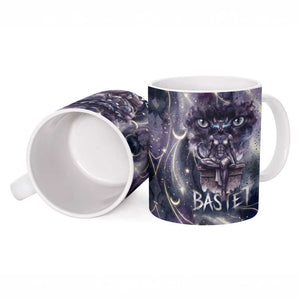 Bastet Egyptian Ceramic Mug Cat Goddess Cosmic Protector Moon Magic Night Sky