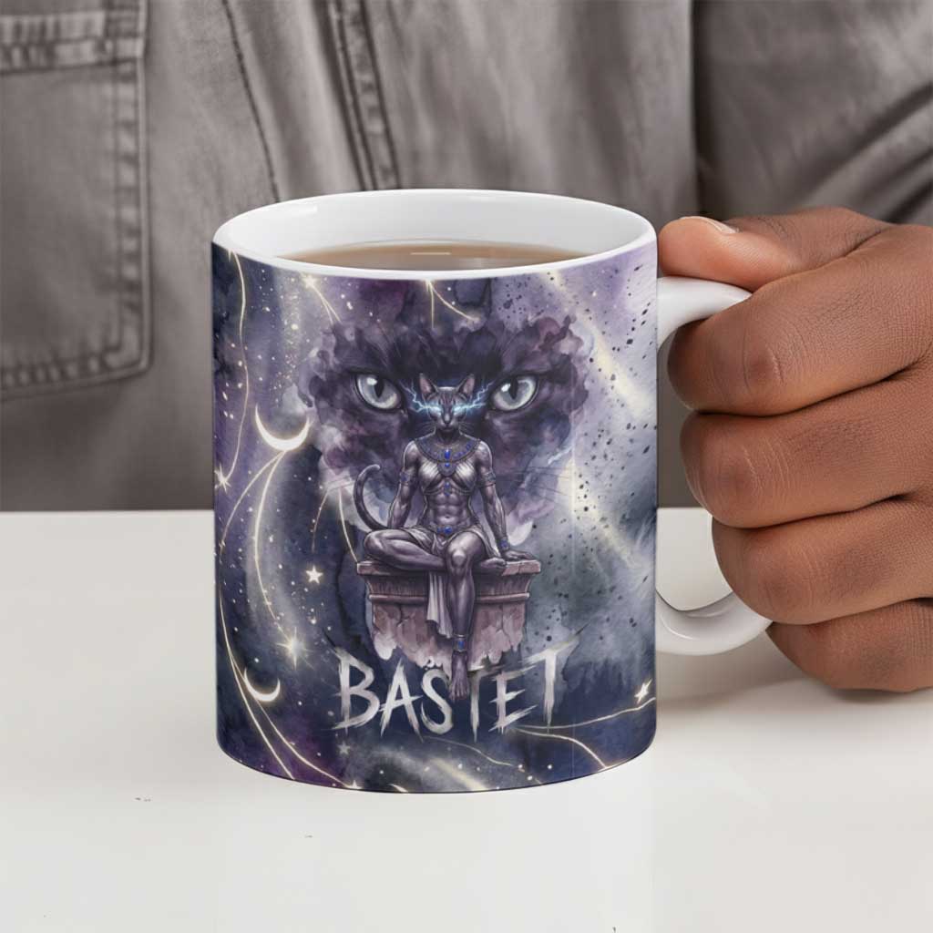 Bastet Egyptian Ceramic Mug Cat Goddess Cosmic Protector Moon Magic Night Sky