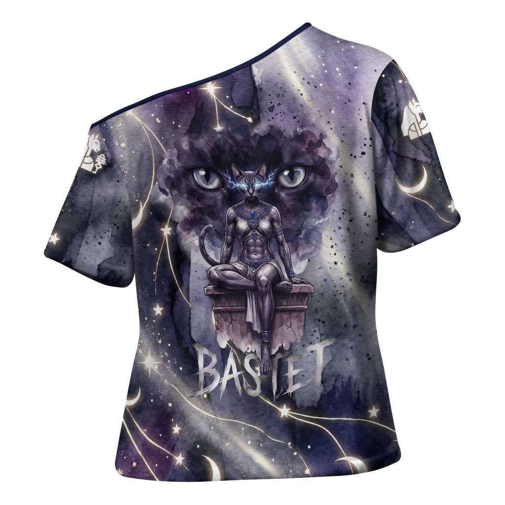 Bastet Egyptian Cross Shoulder Shirt Cat Goddess Cosmic Protector Moon Magic Night Sky