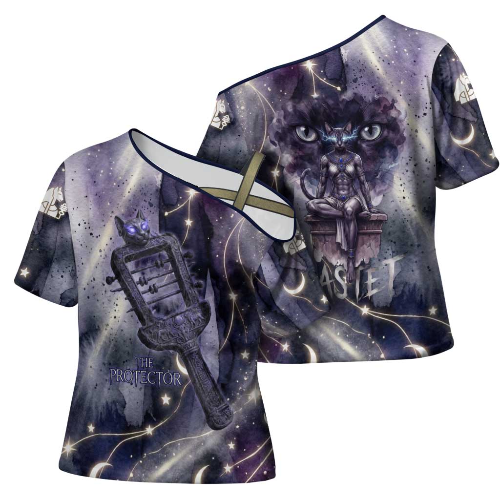 Bastet Egyptian Cross Shoulder Shirt Cat Goddess Cosmic Protector Moon Magic Night Sky