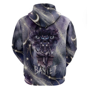 Bastet Egyptian Hoodie Cat Goddess Cosmic Protector Moon Magic Night Sky