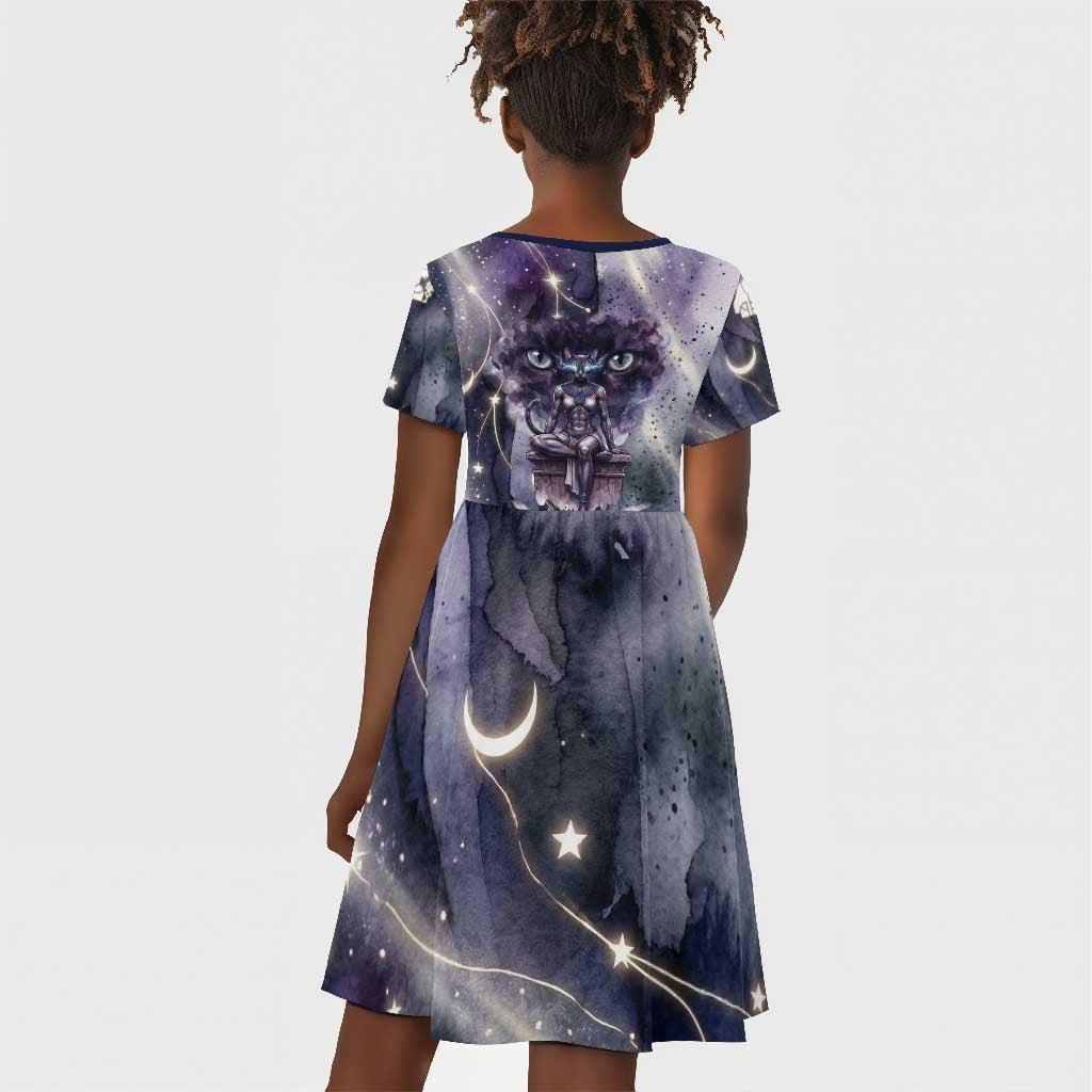 Bastet Egyptian Kid Short Sleeve Dress Cat Goddess Cosmic Protector Moon Magic Night Sky