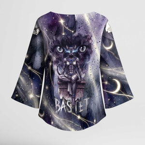 Bastet Egyptian Kimono Sleeve Blouse Cat Goddess Cosmic Protector Moon Magic Night Sky
