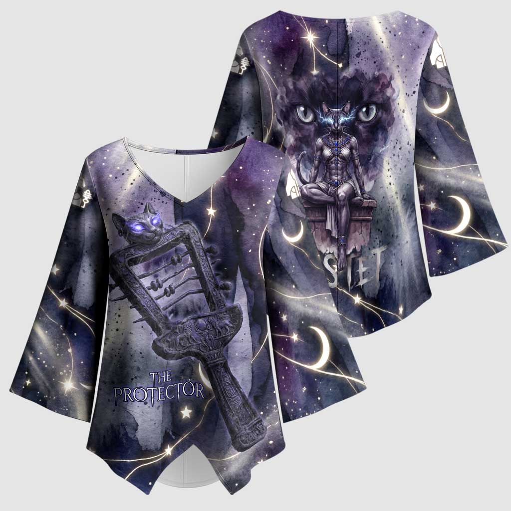 Bastet Egyptian Kimono Sleeve Blouse Cat Goddess Cosmic Protector Moon Magic Night Sky