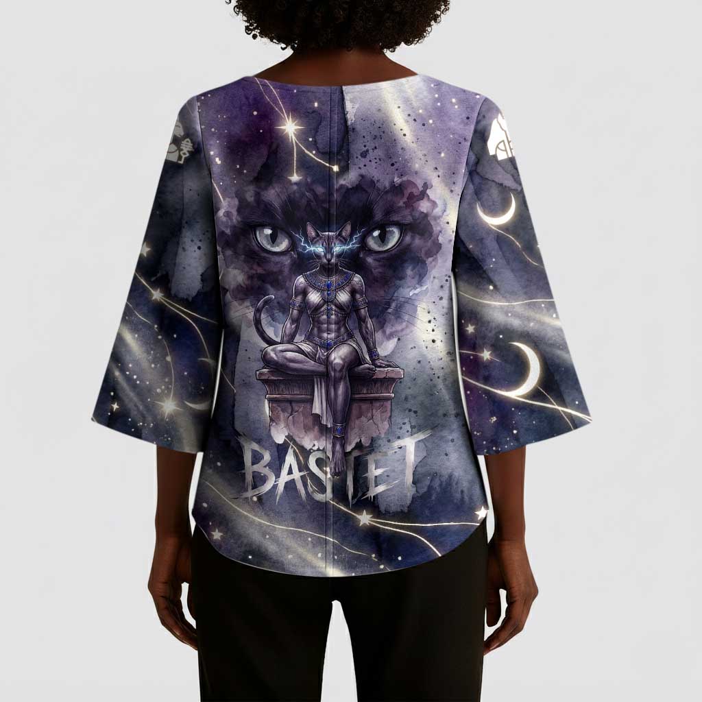Bastet Egyptian Kimono Sleeve Blouse Cat Goddess Cosmic Protector Moon Magic Night Sky