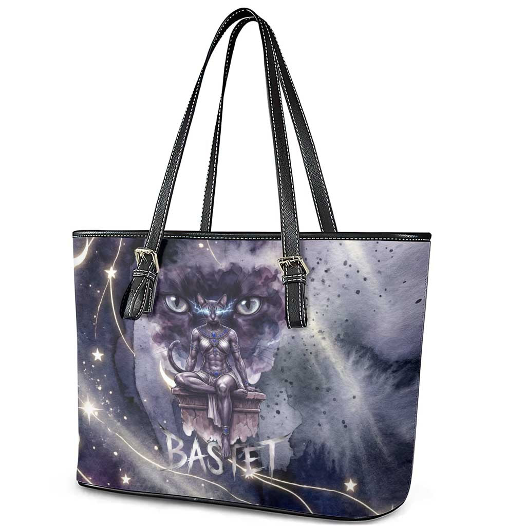 Bastet Egyptian Leather Tote Bag Cat Goddess Cosmic Protector Moon Magic Night Sky