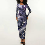Bastet Egyptian Long Sleeve Bodycon Dress Cat Goddess Cosmic Protector Moon Magic Night Sky