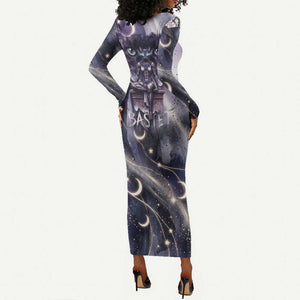 Bastet Egyptian Long Sleeve Bodycon Dress Cat Goddess Cosmic Protector Moon Magic Night Sky