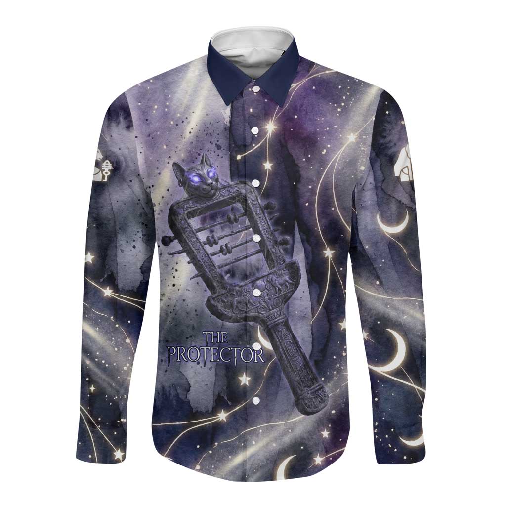 Bastet Egyptian Long Sleeve Button Shirt Cat Goddess Cosmic Protector Moon Magic Night Sky