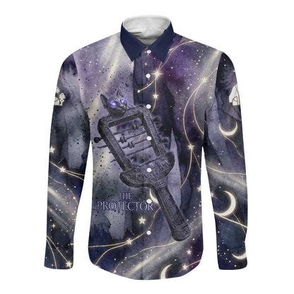 Bastet Egyptian Long Sleeve Button Shirt Cat Goddess Cosmic Protector Moon Magic Night Sky