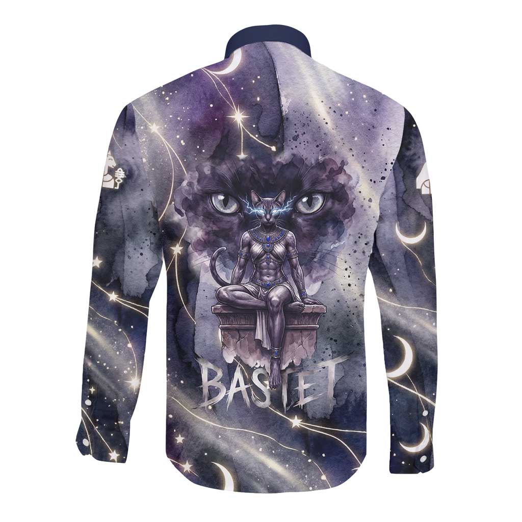 Bastet Egyptian Long Sleeve Button Shirt Cat Goddess Cosmic Protector Moon Magic Night Sky