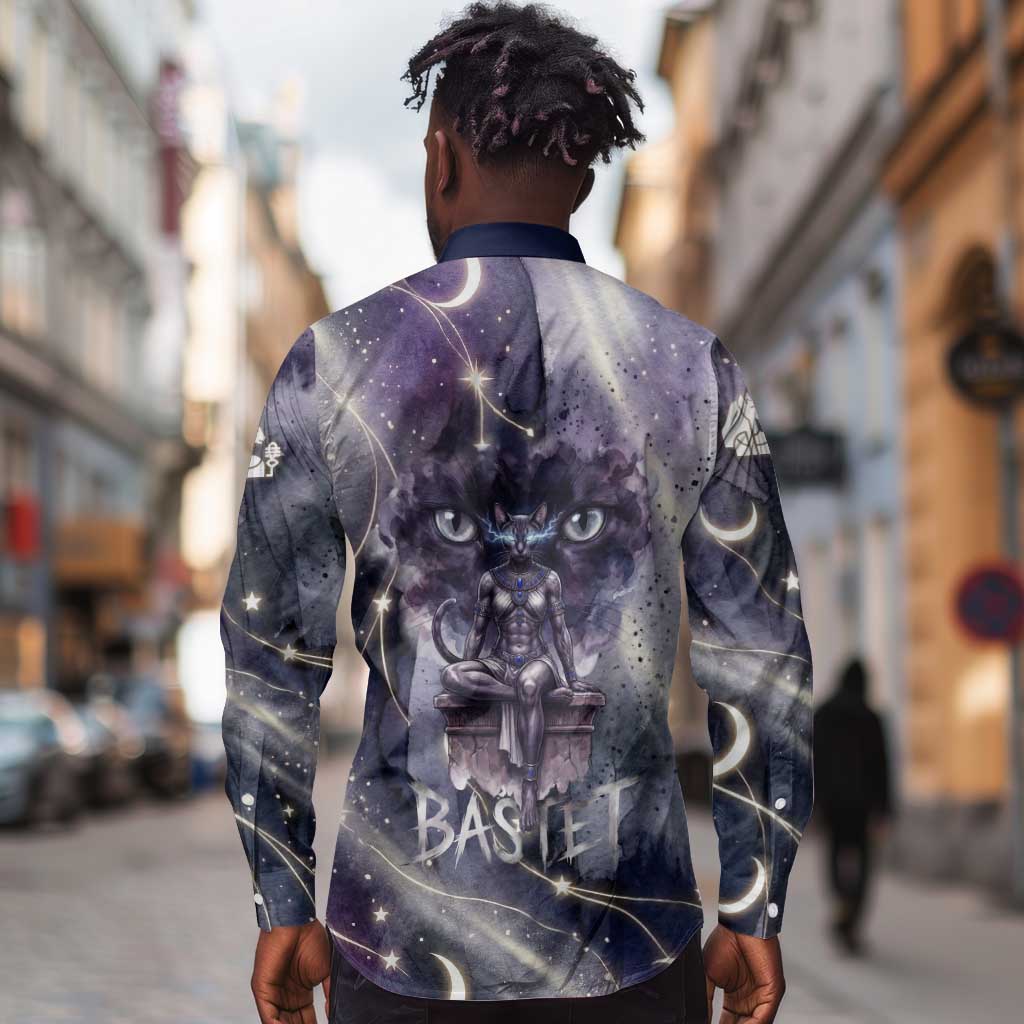Bastet Egyptian Long Sleeve Button Shirt Cat Goddess Cosmic Protector Moon Magic Night Sky