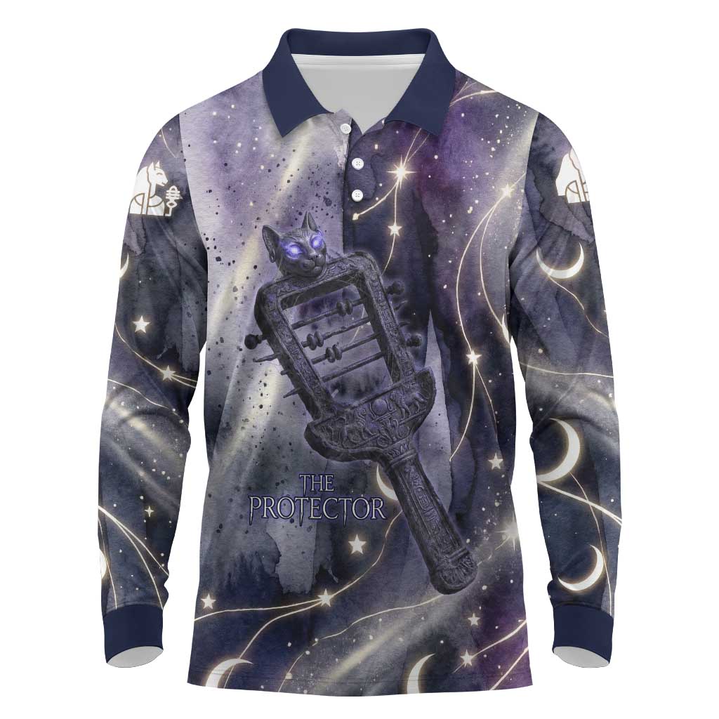 Bastet Egyptian Long Sleeve Polo Shirt Cat Goddess Cosmic Protector Moon Magic Night Sky