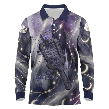Bastet Egyptian Long Sleeve Polo Shirt Cat Goddess Cosmic Protector Moon Magic Night Sky