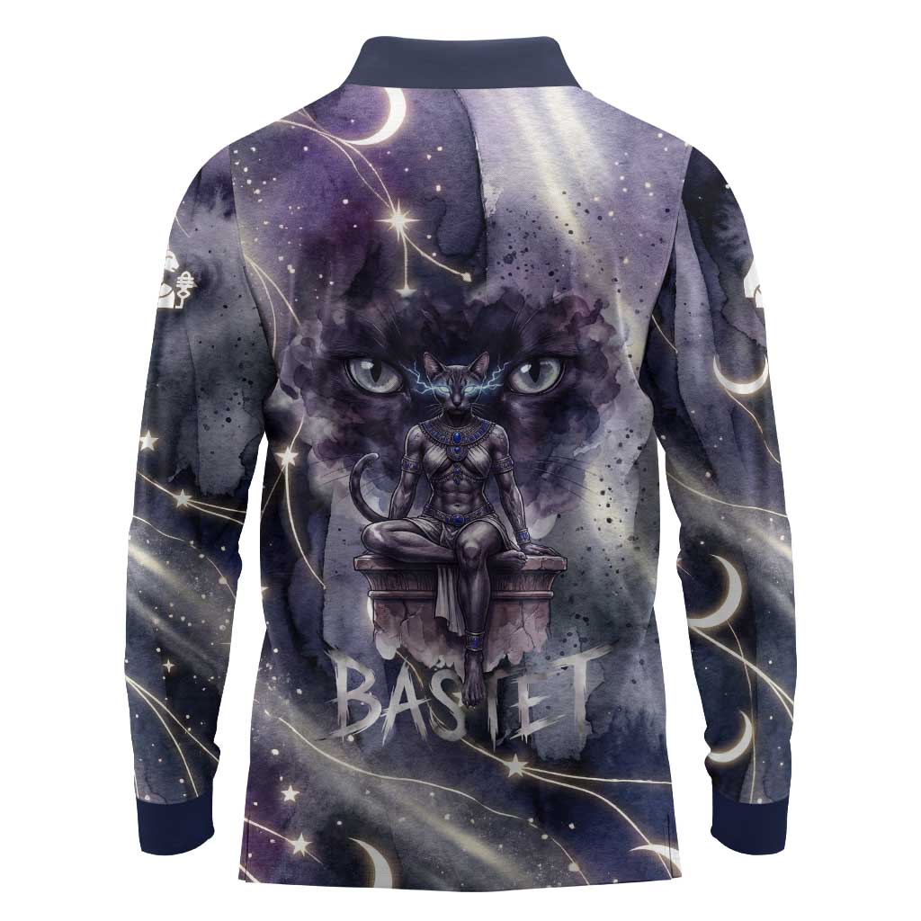 Bastet Egyptian Long Sleeve Polo Shirt Cat Goddess Cosmic Protector Moon Magic Night Sky