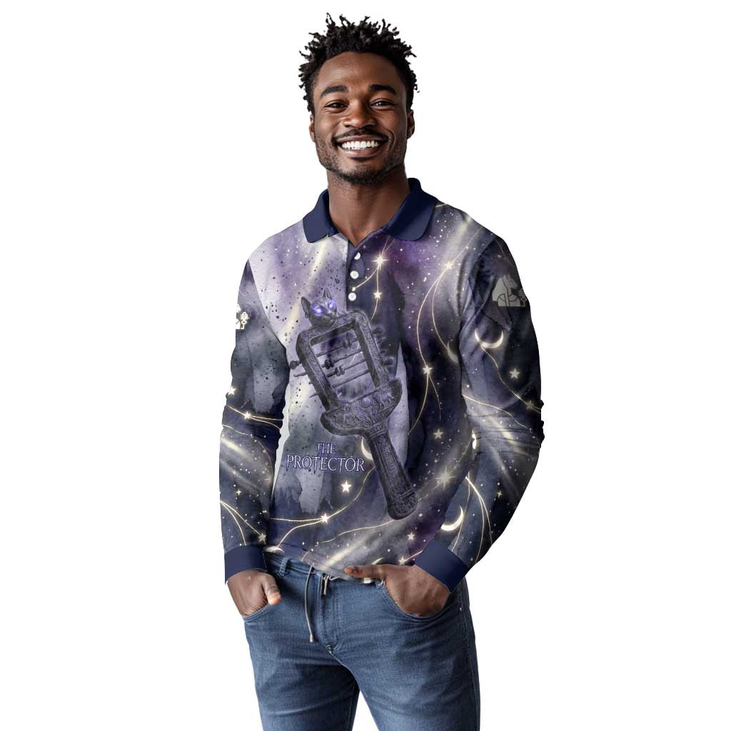 Bastet Egyptian Long Sleeve Polo Shirt Cat Goddess Cosmic Protector Moon Magic Night Sky
