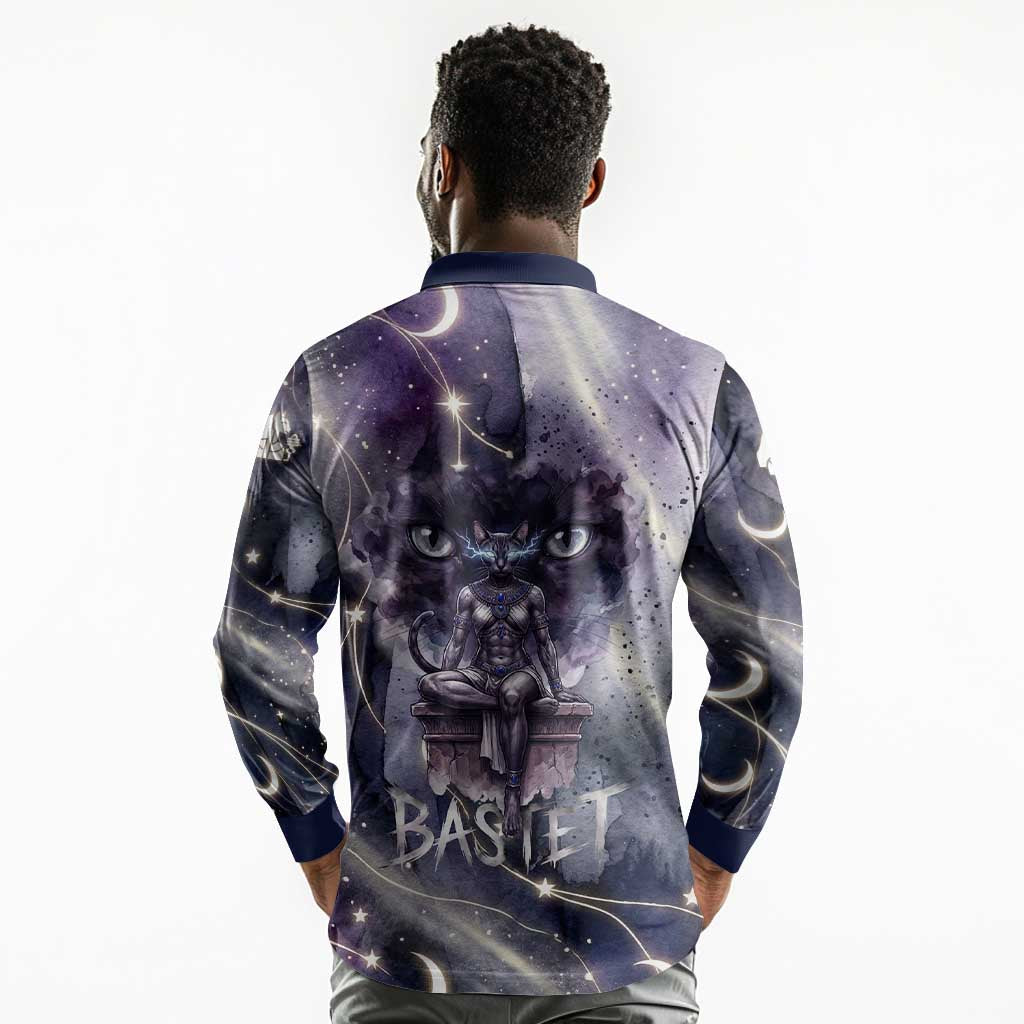 Bastet Egyptian Long Sleeve Polo Shirt Cat Goddess Cosmic Protector Moon Magic Night Sky