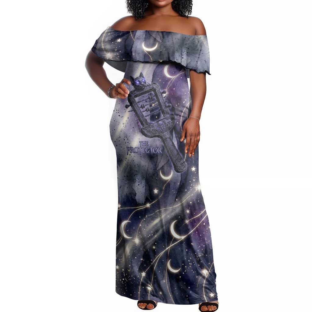 Bastet Egyptian Off Shoulder Maxi Dress Cat Goddess Cosmic Protector Moon Magic Night Sky