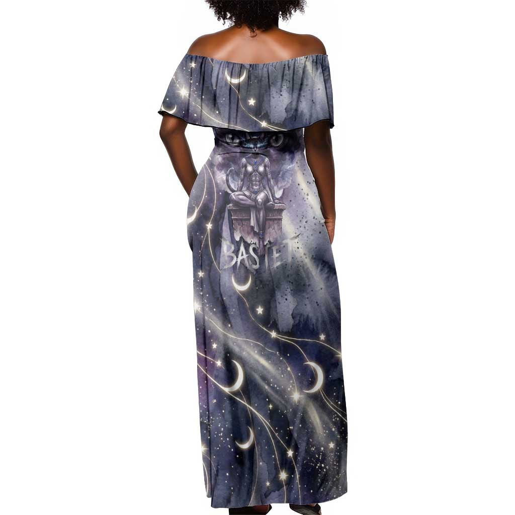 Bastet Egyptian Off Shoulder Maxi Dress Cat Goddess Cosmic Protector Moon Magic Night Sky
