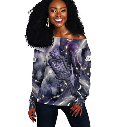 Bastet Egyptian Off Shoulder Sweater Cat Goddess Cosmic Protector Moon Magic Night Sky