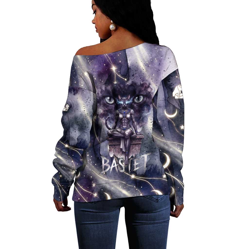 Bastet Egyptian Off Shoulder Sweater Cat Goddess Cosmic Protector Moon Magic Night Sky