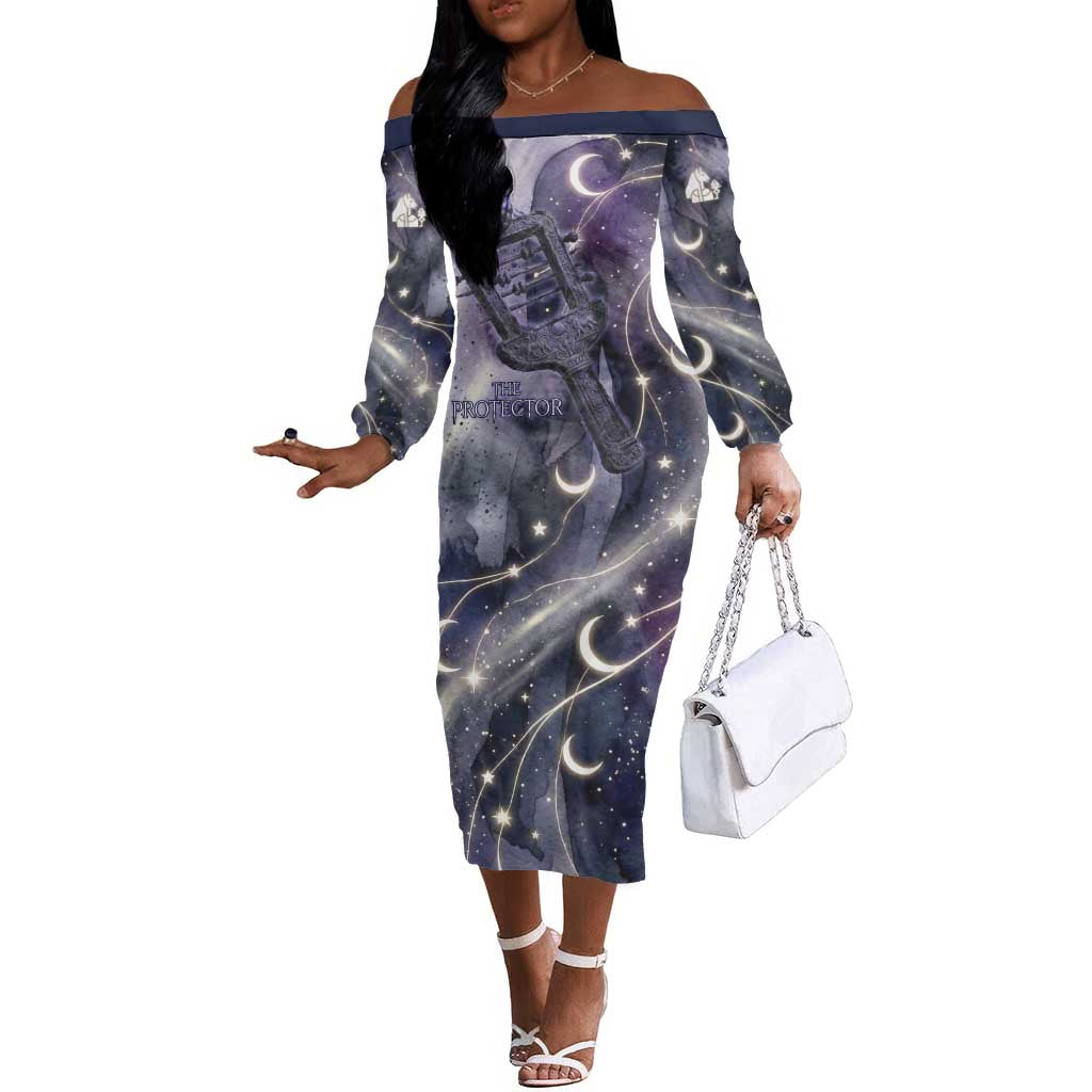 Bastet Egyptian Off The Shoulder Long Sleeve Dress Cat Goddess Cosmic Protector Moon Magic Night Sky