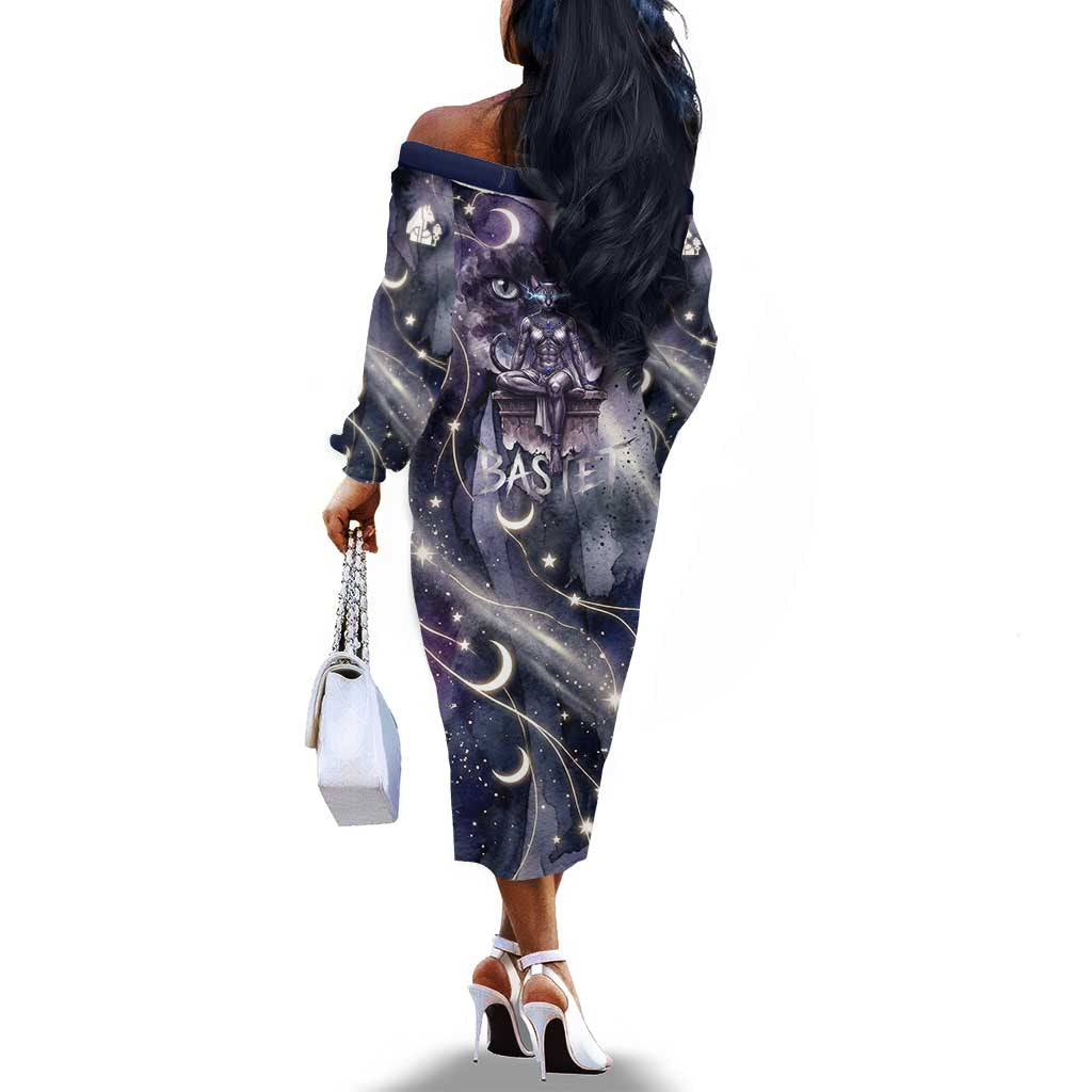 Bastet Egyptian Off The Shoulder Long Sleeve Dress Cat Goddess Cosmic Protector Moon Magic Night Sky