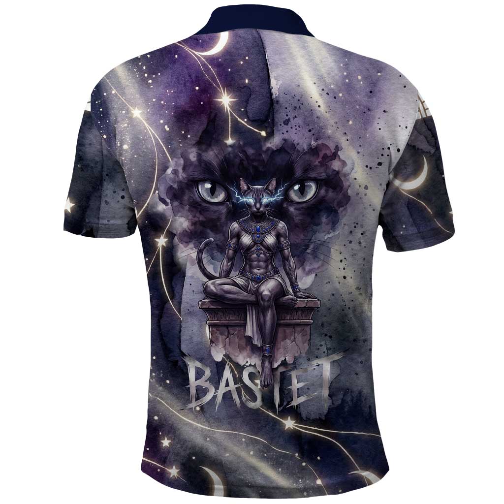 Bastet Egyptian Polo Shirt Cat Goddess Cosmic Protector Moon Magic Night Sky