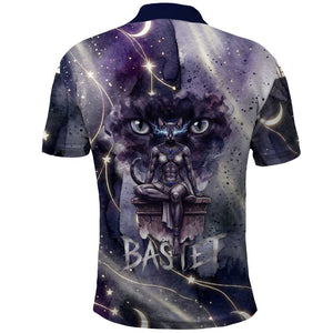 Bastet Egyptian Polo Shirt Cat Goddess Cosmic Protector Moon Magic Night Sky