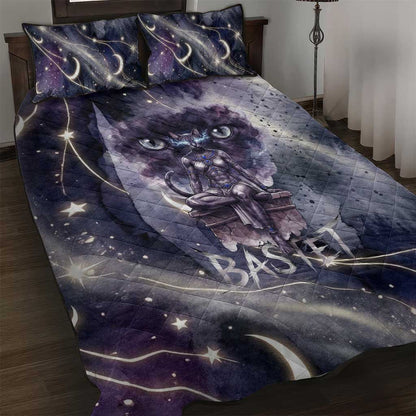 Bastet Egyptian Quilt Bed Set Cat Goddess Cosmic Protector Moon Magic Night Sky