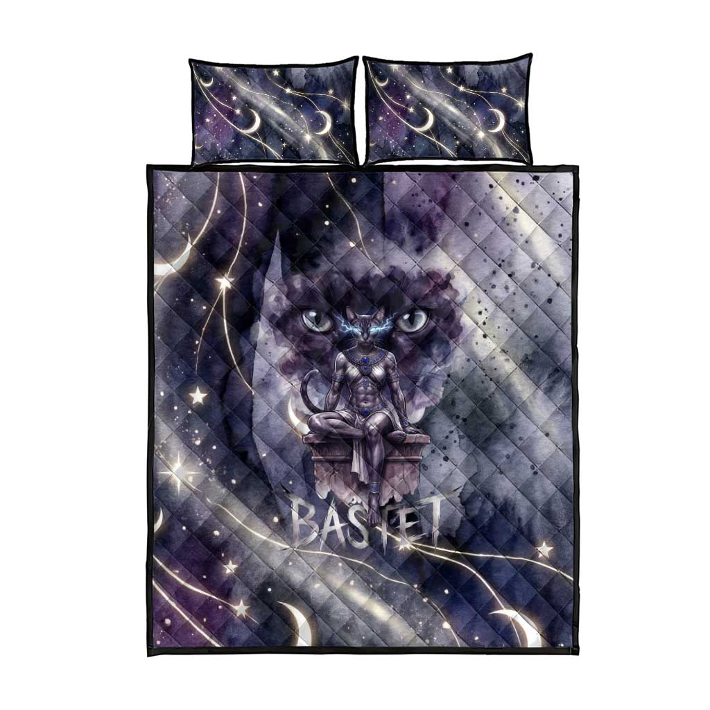 Bastet Egyptian Quilt Bed Set Cat Goddess Cosmic Protector Moon Magic Night Sky