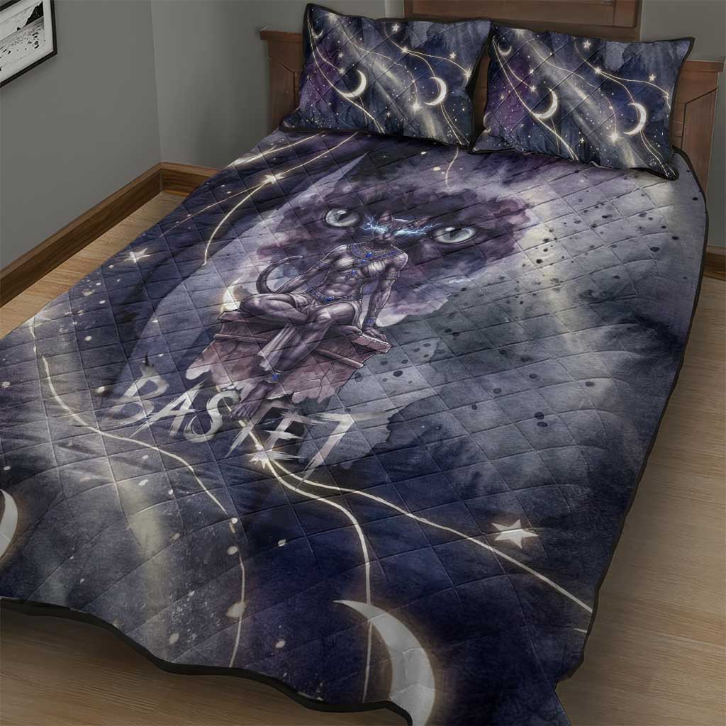 Bastet Egyptian Quilt Bed Set Cat Goddess Cosmic Protector Moon Magic Night Sky