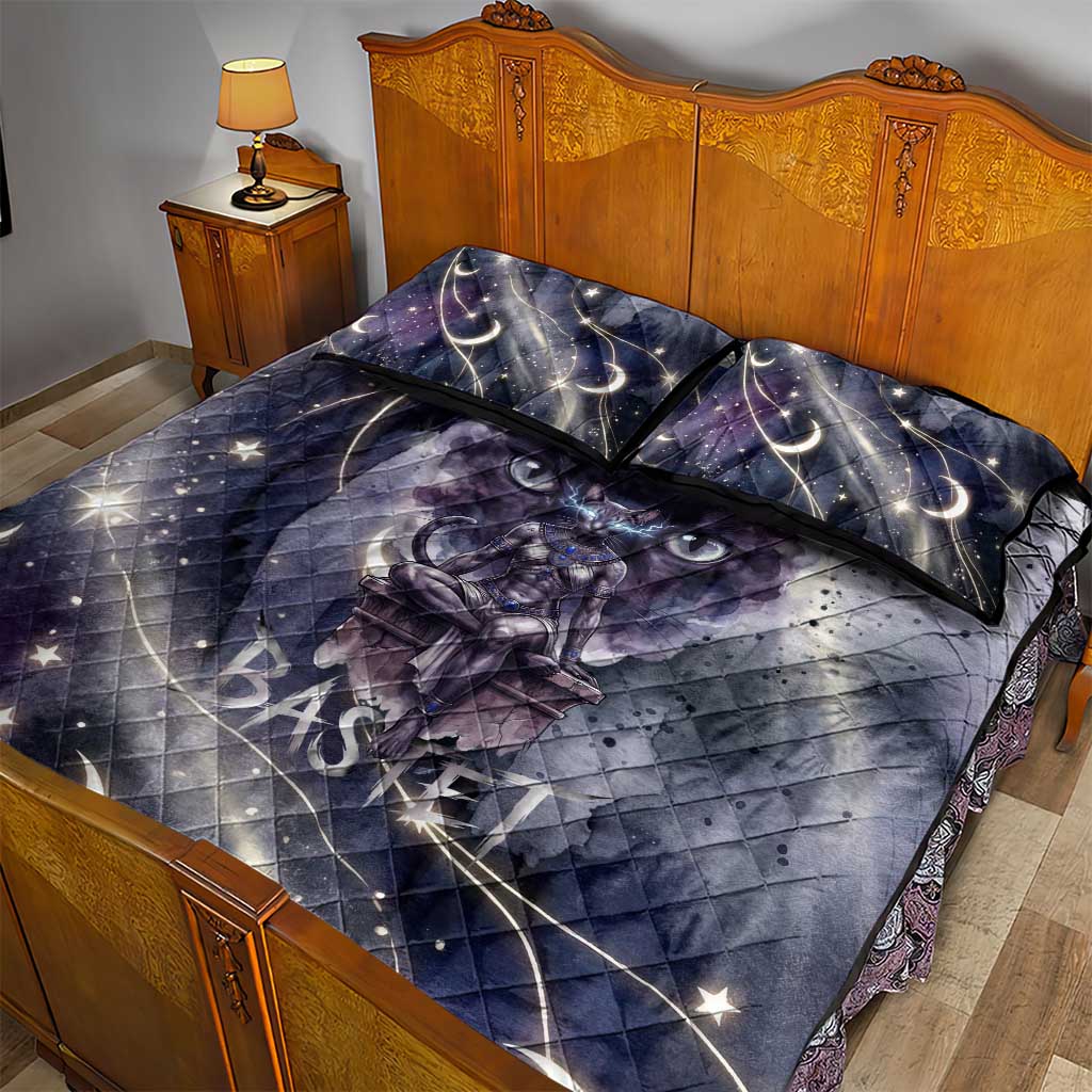 Bastet Egyptian Quilt Bed Set Cat Goddess Cosmic Protector Moon Magic Night Sky