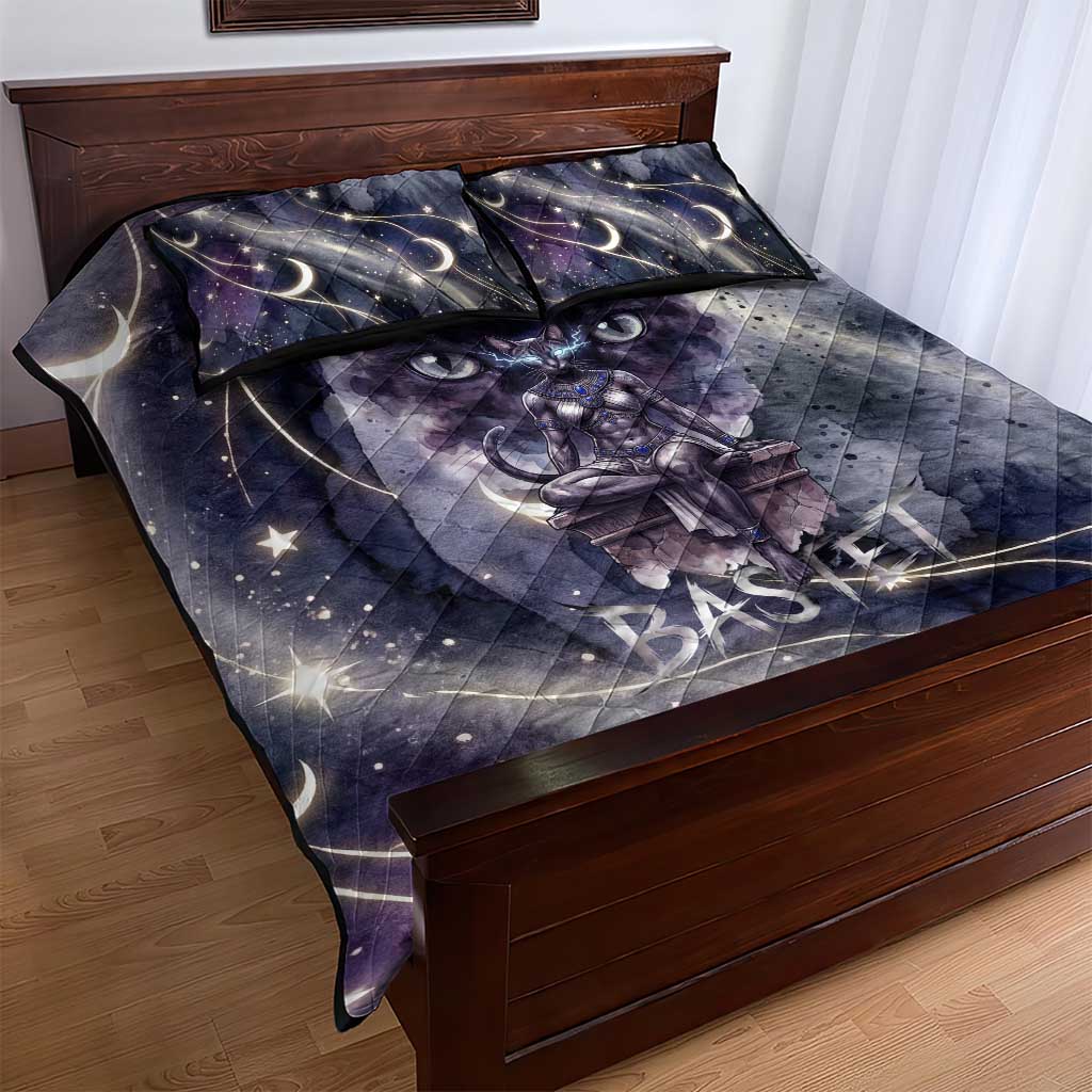 Bastet Egyptian Quilt Bed Set Cat Goddess Cosmic Protector Moon Magic Night Sky